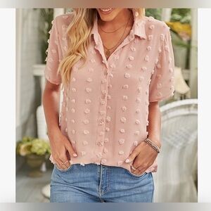 Gorgeous NWOT Chiffon Pom Pom Button Up Short Sleeve Blouse - Size Small